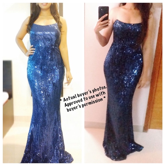 Navy Sequin Strapless Gown Long Dress Bodycon - Picture 7 of 8